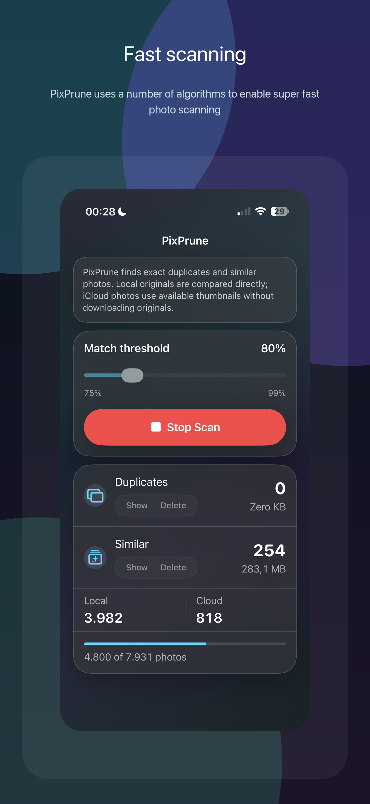 PixPrune scanning progress screenshot.