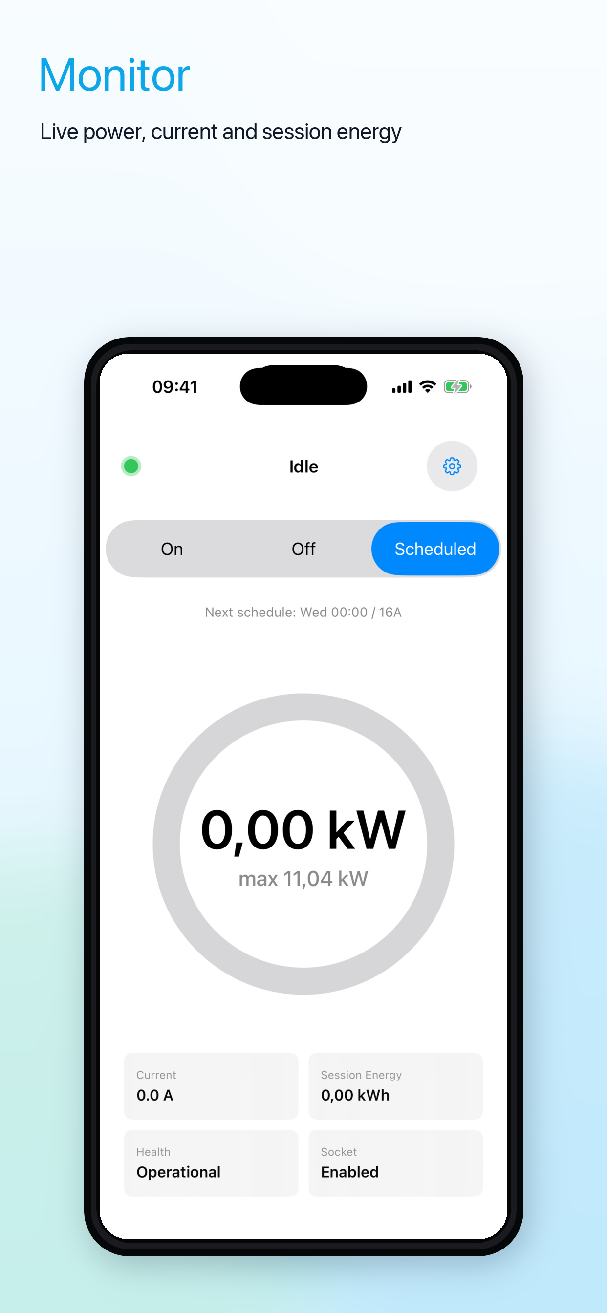 Circontrol app dashboard showing live power, current, session energy, and charging mode.